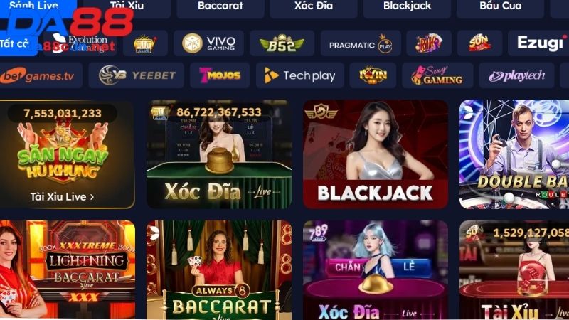 Các nhà phát hành nổi tiếng hợp tác với Live Casino DA88 